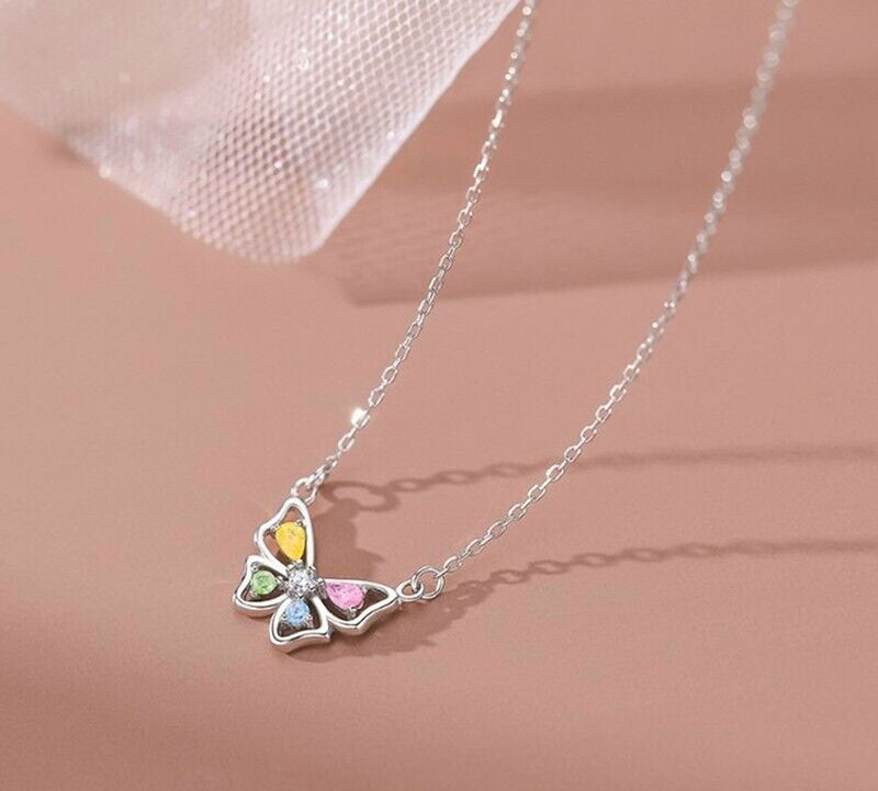 Crystal Colourful Butterfly 925 Sterling Silver Necklace Chain Womens Jewellery